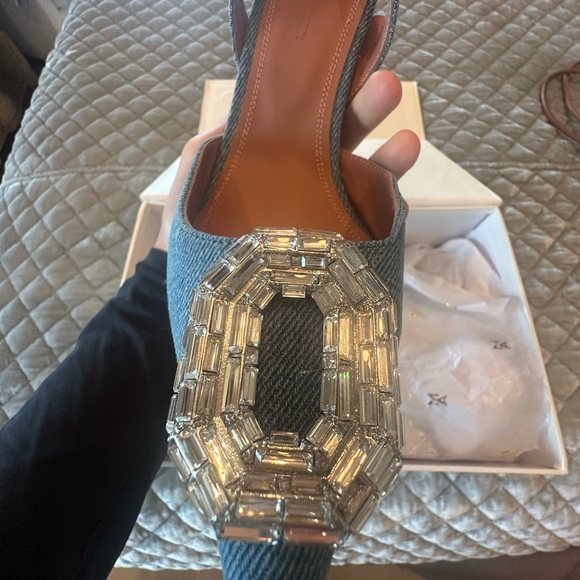 Amina Muaddi Blue Camelia 105 Slingback Pumps - Picture 2 of 12